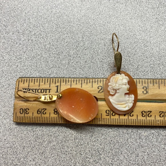 Vintage Italian Gold Cameo Earrings Oval Carved Shell Woman Face Dangle Old - Picture 8 of 9